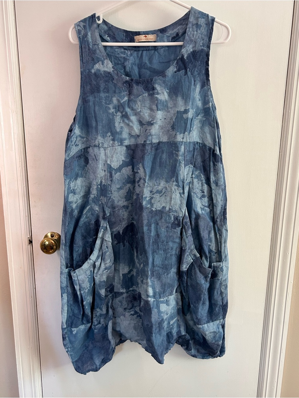LANDS DOWNUNDER BLUE MARBLED TIE DYE LINEN TUNIC DRESS SIZE LARGE